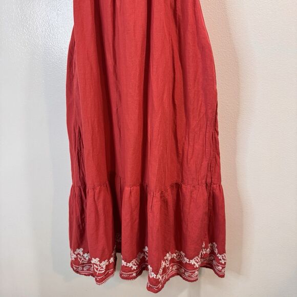 Old Navy Shirt Dress S Midi Smocked Embroidered Prairie Milkmaid Red White Boho - Picture 4 of 12